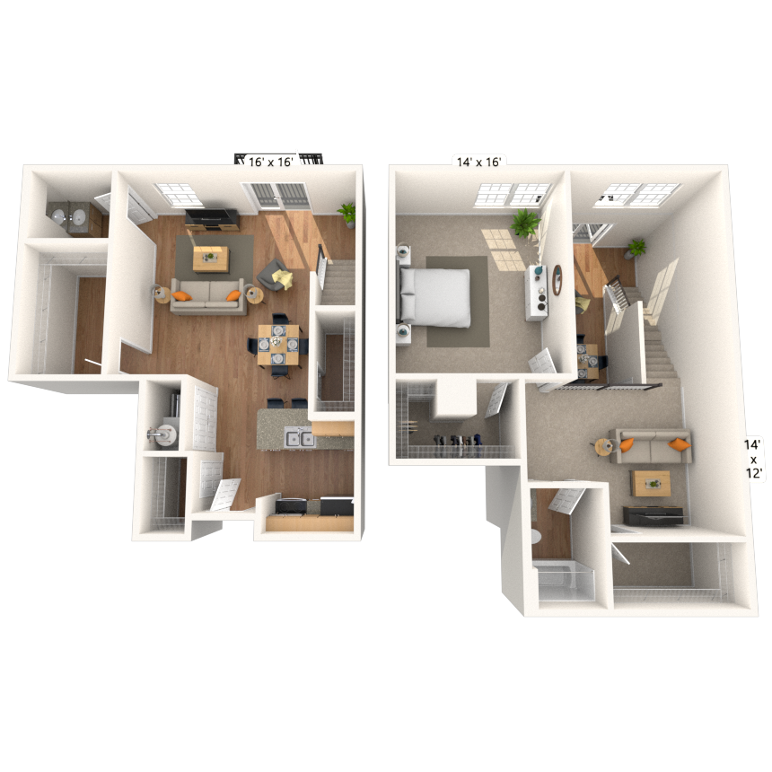 Floor plan for 1 bed, 1.5 baths, 1046 sqft